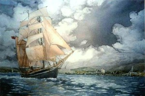 A painting of her with original white sails