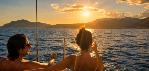 couple watching sunset from sailboat deck Aeolian Islands