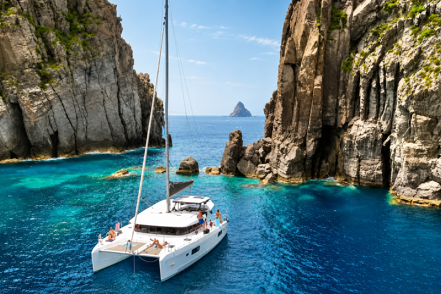 catamaran anchored turquoise water Aeolian Islands Sicily