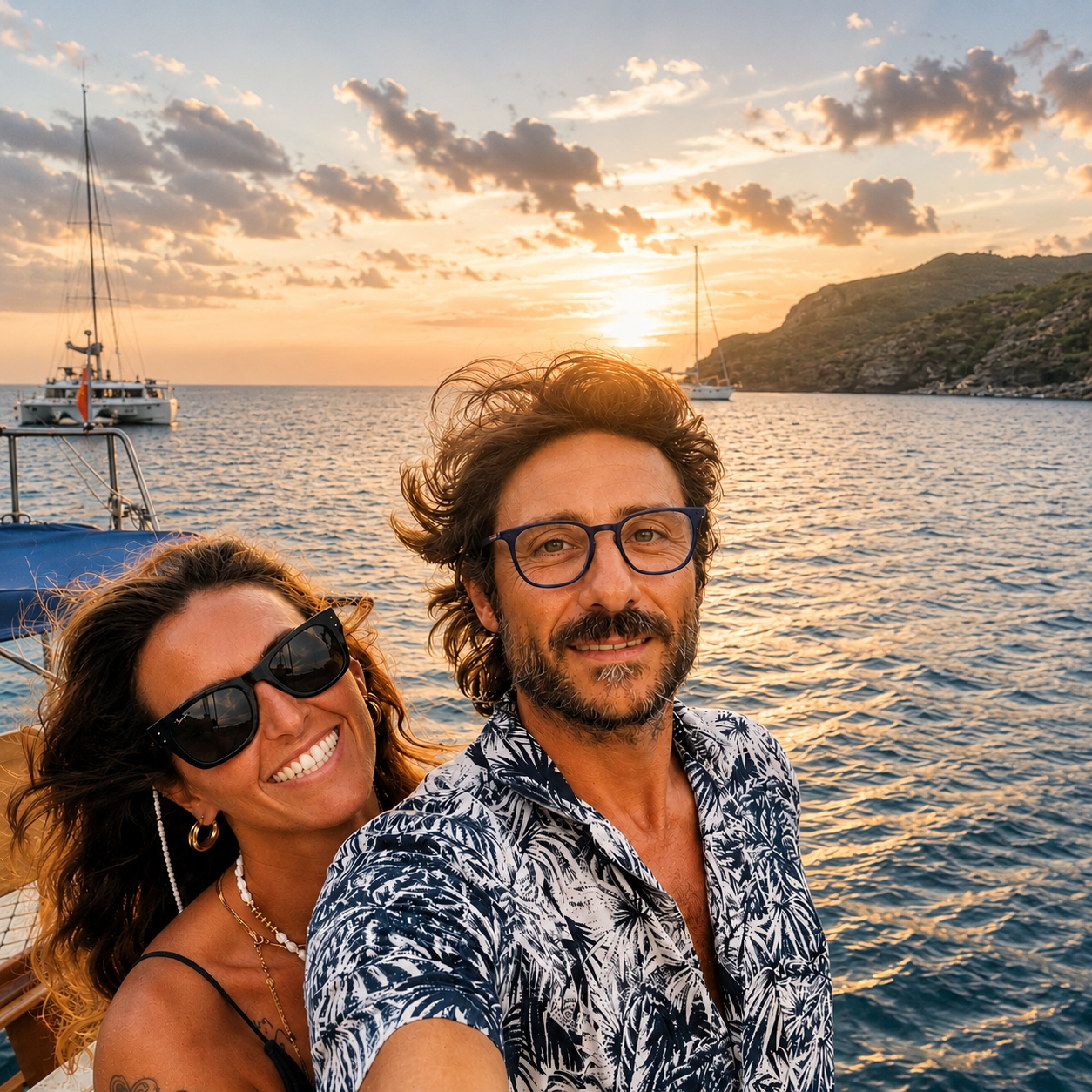 couple selfie sunset sailing holiday Aeolian Islands Sicily