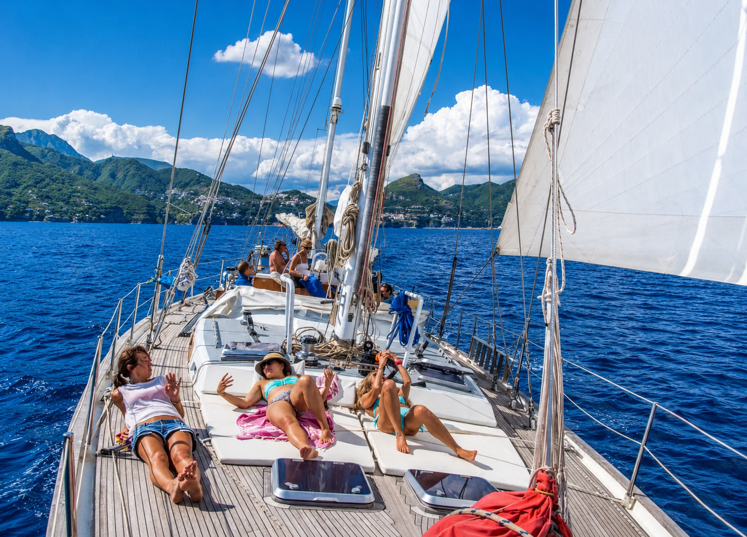 sailing holiday life on board Aeolian Islands couple relaxing on deck