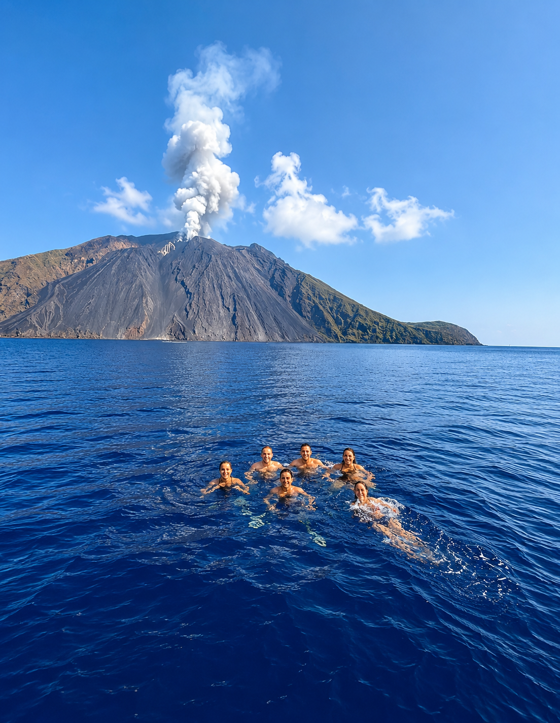 swimming in open sea with Stromboli volcano erupting Aeolian Islands